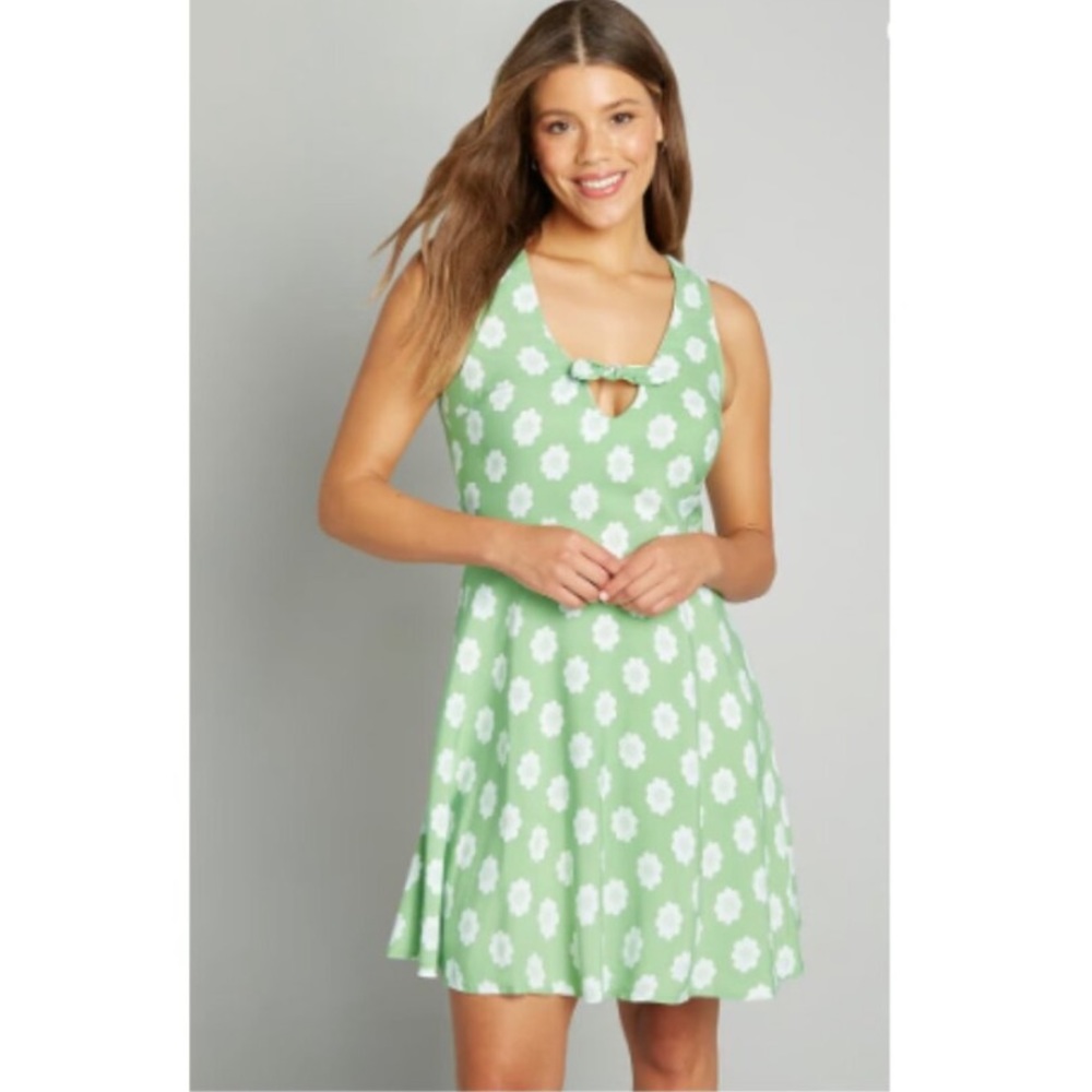 ModCloth Marketing My Words A-Line Dress Green & White Polka Dot Women's Size 10